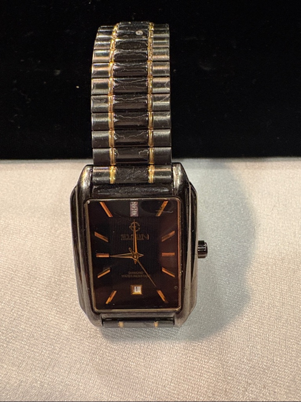Elgin Black and Gold Rectangular Dress Watch Diamond & Water Resistant